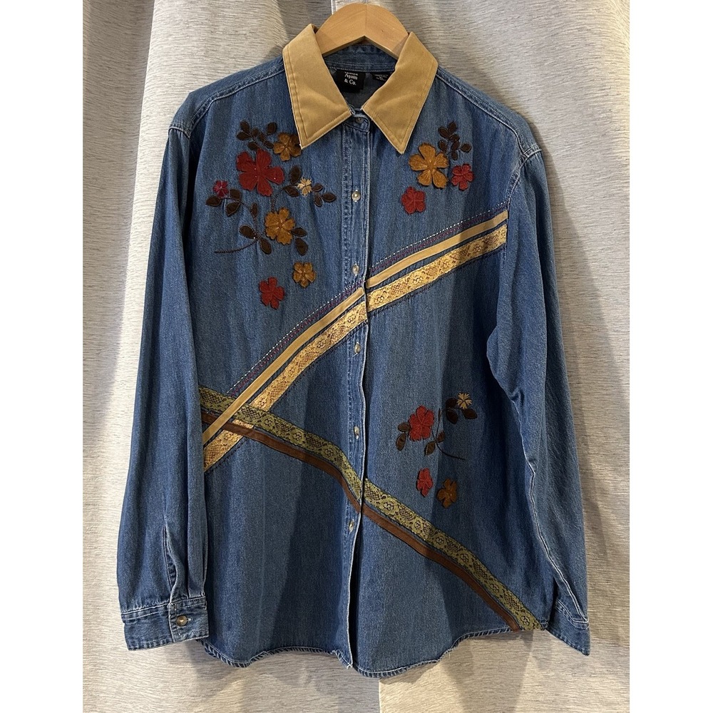 Vintage Quizz Again Denim Floral Embroidered Shirt Long Sleeve Camp Size XL